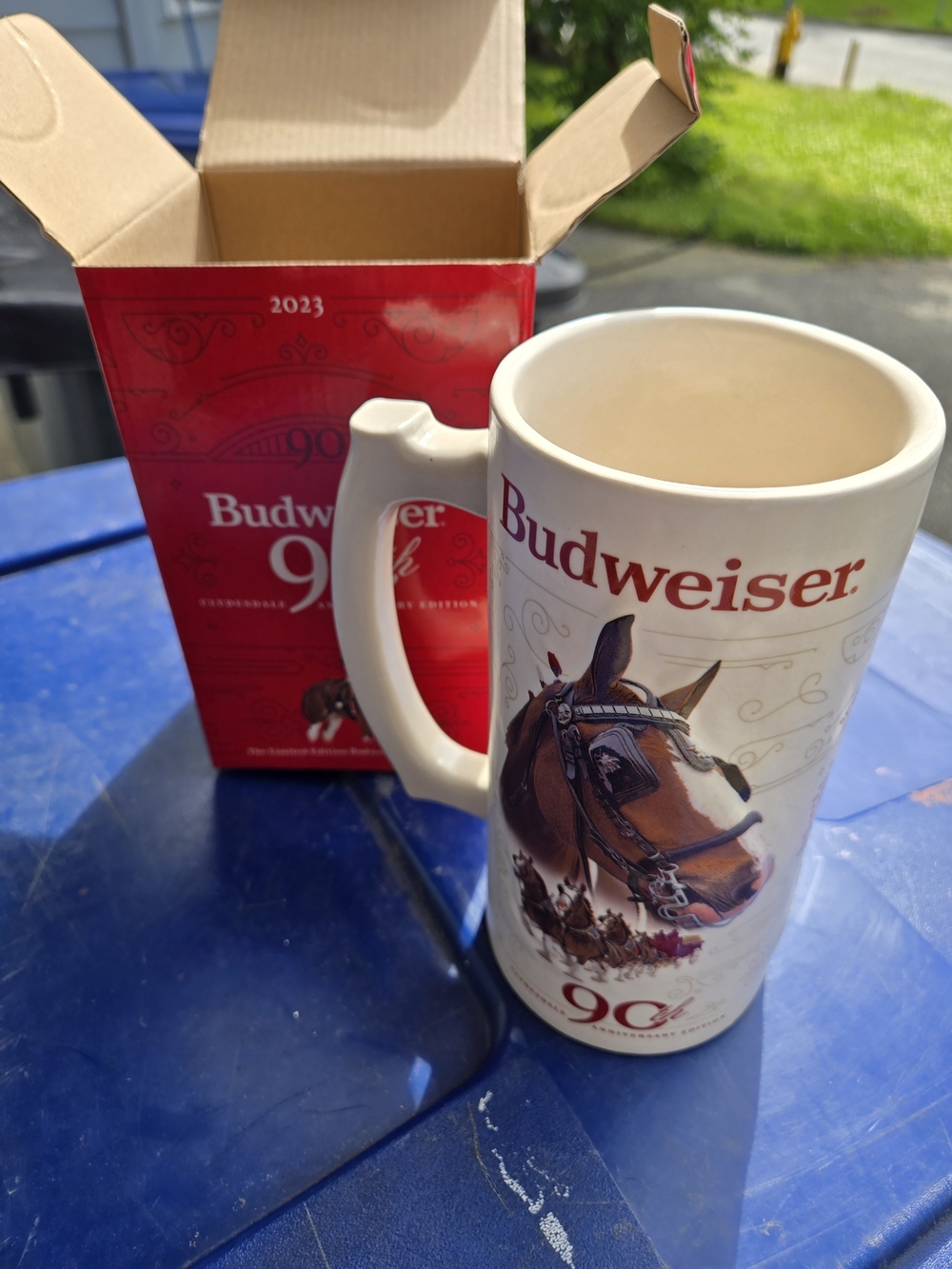 Budweiser Red and Cream Ceramic Horse Beer Stein